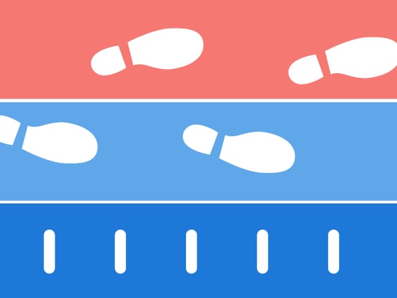 Illustration of a stopwatch in hand with footprints and a measuring scale, symbolizing speed or progress on red, white, and blue backgrounds for medbridge.