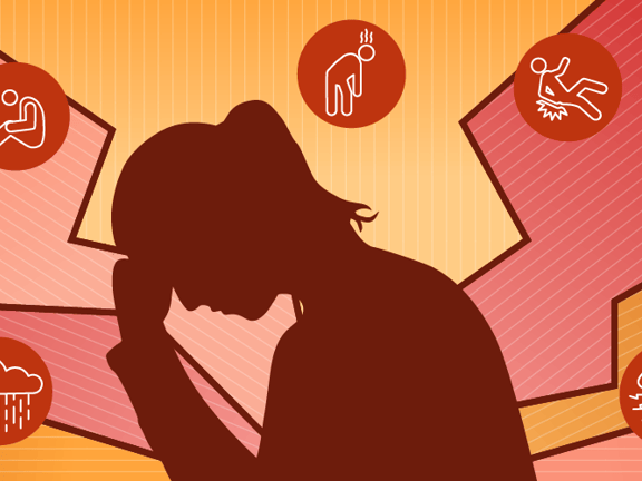 Silhouette of a person with stress symbols on a warm geometric background, representing weather, lightning, posture, pills, and pests for medbridge.