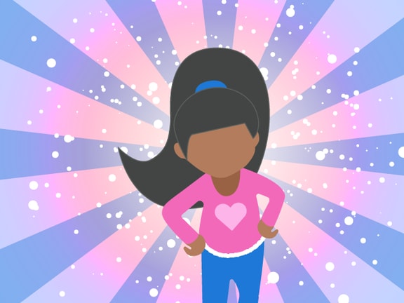 Illustration of a ponytailed girl in a pink shirt, hands on hips, against a dot-filled starburst background.