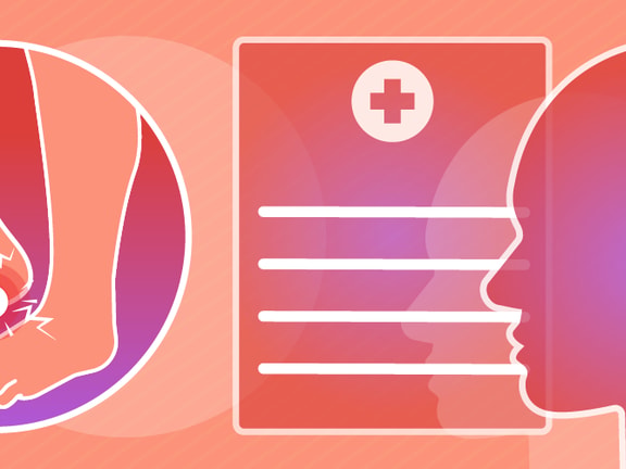 Illustration of foot pain, a medical chart with a cross, and a head profile on orange for medbridge.