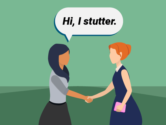 Two women shake hands with one saying she's a stutterer; Medbridge logo is visible.