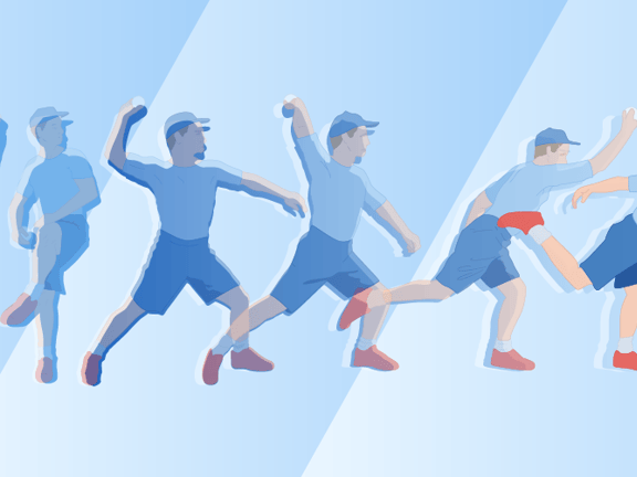 Medbridge illustration of a baseball player in blue pitching, highlighting the throwing stages.