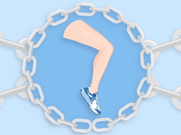 Leg in a sneaker encircled by chains on blue, symbolizing Medbridge.