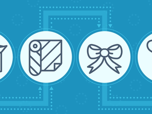 A sequence of four icons (open box, rolled fabric, bow, price tag) connected by arrows on a blue background for medbridge.
