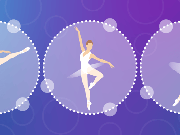 Three ballet dancers posed in dotted circles on a blue-purple gradient background with bubbles.