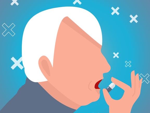 Illustration of a white-haired person taking a pill against a blue background with white Xs, related to medbridge.