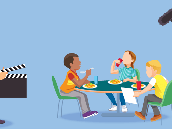 Illustration of three people dining as one holds a clapboard and another handles a boom mic for medbridge.
