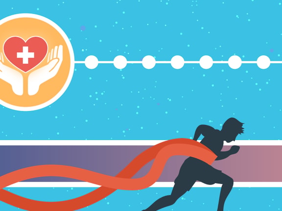 A runner's silhouette crosses the finish line with icons of a pink ribbon, healthcare, and a target above; a gradient bar for progress is featured—Medbridge.