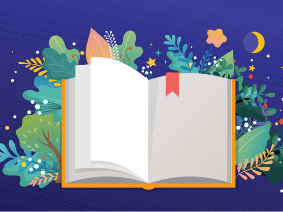An open book with a red bookmark amidst colorful plants and stars on a dark blue background, aligning with medbridge branding.