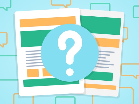 Illustration of documents with a question mark and speech bubbles, related to medbridge.