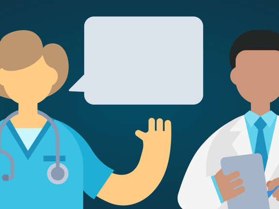 Two healthcare providers, one in scrubs with a stethoscope, the other in a white coat with a clipboard, are engaged in conversation.