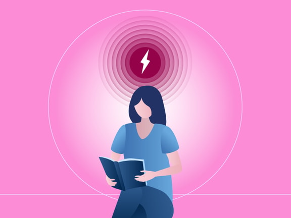 Illustration of a person reading with a glowing circle and lightning bolt above, against a pink backdrop related to medbridge.