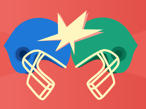 A blue and a green football helmet collide with a starburst against a red background.