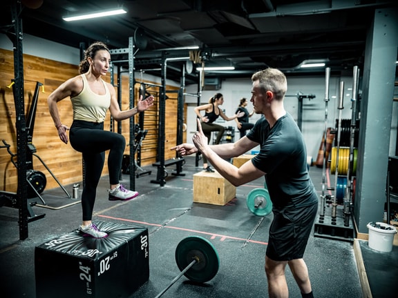 man helping woman exercise on box - CSCS CEU Requirements