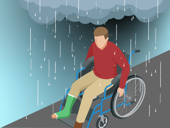 Person in a wheelchair with a leg cast on an incline under a rain cloud.