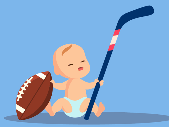 Illustration of a baby with sports items, set against a blue background.