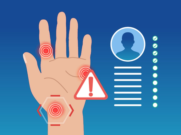 Illustration of a hand with target markers and a warning, alongside a profile icon with a checklist; blue background.