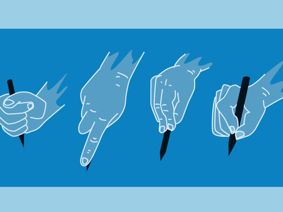 Illustration of six hands with pens on a blue background.