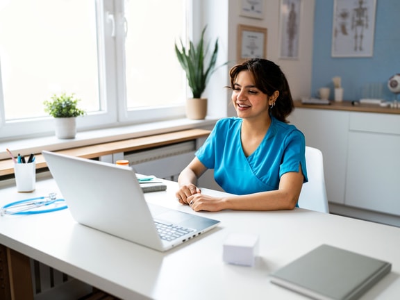 A healthcare professional in blue scrubs uses medbridge software on a laptop during a virtual consultation.