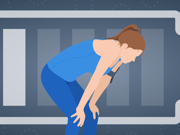 Illustration of a fatigued person in blue athletic wear leaning forward against a low battery icon, on a dotted background, representing exhaustion for medbridge.