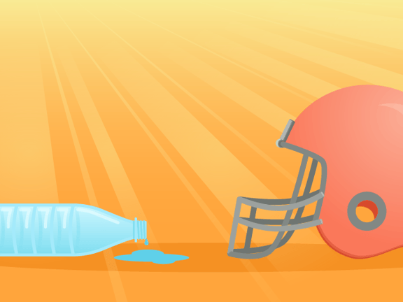 An orange football helmet and a spilled water bottle rest on an orange surface with a yellow background.