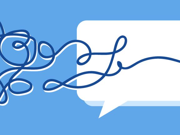A tangled line straightens into a smooth path ending in a speech bubble, on a blue background.