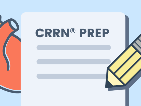 Illustration of a CRRN Prep document with an anatomical heart and a yellow pencil on a blue background.