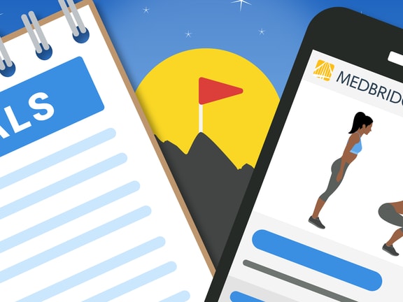 Illustration of a goals checklist and phone with exercise guide, set against mountains and night sky, symbolizing fitness; aligns with medbridge's values on achievement.