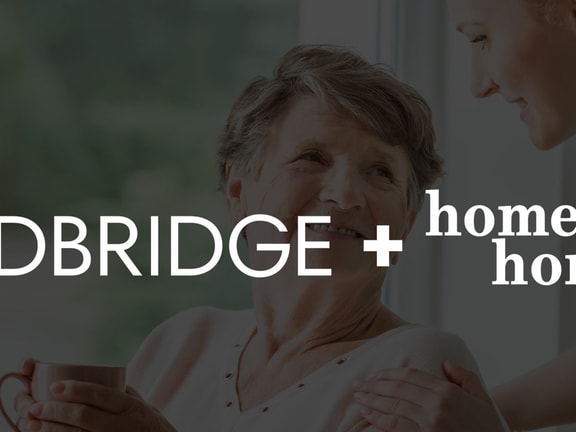 Uniformed worker assists smiling person with tea; logos of medBridge and Homecare Homebase are shown.