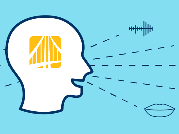 Head surrounded by communication symbols illustrating Medbridge's platform on a blue background.