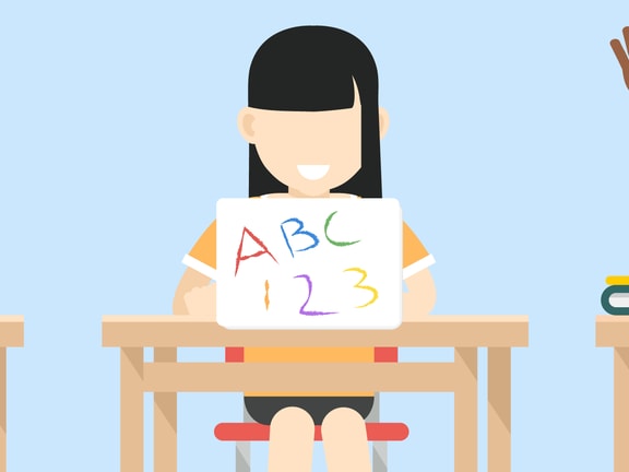 Three students at desks use laptops displaying a ladybug, "ABC 123," and one student raising their hand with books and a pencil nearby.