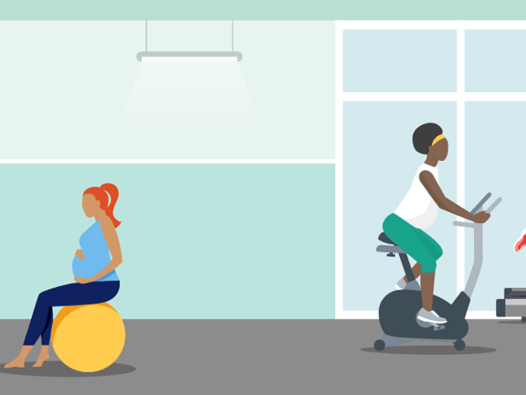 People working out at a gym with weights, a stability ball, bike, and treadmill.