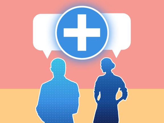 Two silhouetted figures with speech bubbles and a blue medical cross icon on a pink and yellow background.
