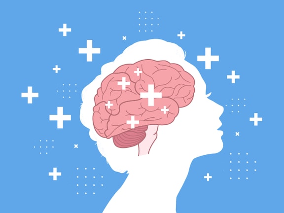 Silhouette of a head with brain, surrounded by white plus signs on a blue background, representing medbridge.