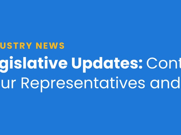 Blue graphic featuring a megaphone icon with the text: "industry news: legislative updates, contact your representatives and senators.