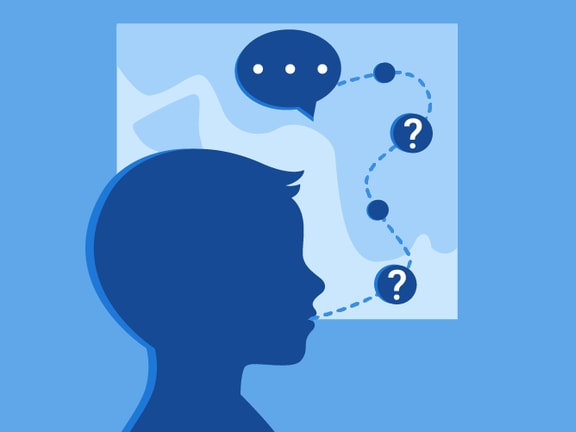 Silhouette of a profile with a speech bubble and question marks on a map, symbolizing communication and inquiry for medbridge.