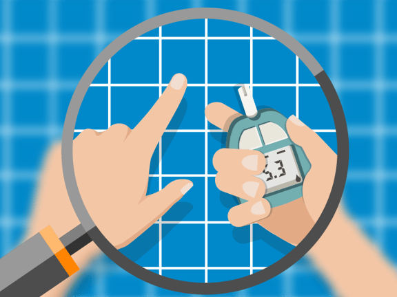 Person testing blood sugar with meter against a blue grid background in medbridge illustration.