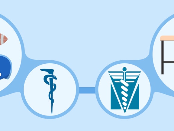 Illustration of sports gear and medical symbols, including a golf bag and dumbbells, overlapping on a light blue Medbridge background.