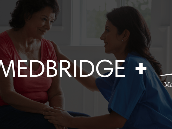 Logo image of medBridge and Maxwell Healthcare Associates partnership, depicting a caregiver aiding a seated person at home.