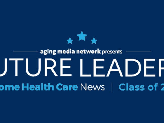 Blue banner with "Aging Media Network presents Future Leaders, Home Health Care News Class of 2020" and three stars above.