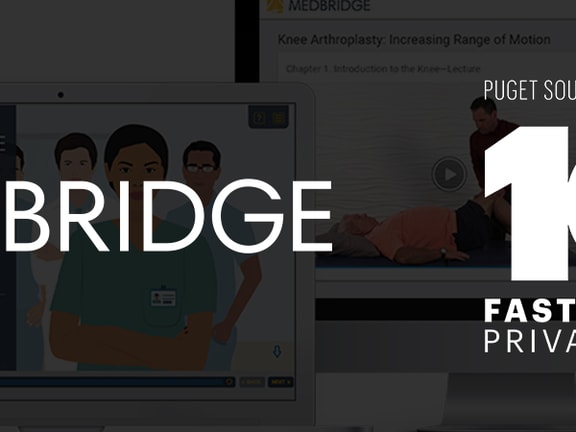 MedBridge lauded as a top 100 fastest-growing company by Puget Sound Business Journal in 2020, with logo and digital medical display.