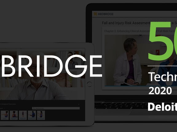 MedBridge logo with '500 Technology Fast 500 2020 North America Deloitte' on devices showing medical content.