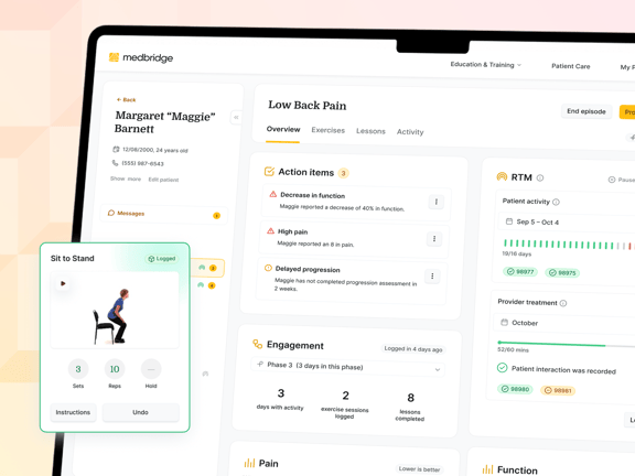 A tablet shows a Medbridge dashboard with exercises, progress, and logs for low back pain management.
