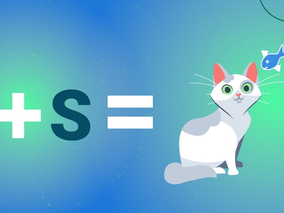 Cat silhouette plus 'S' equals two cats with a fish on a string, set against a gradient background.