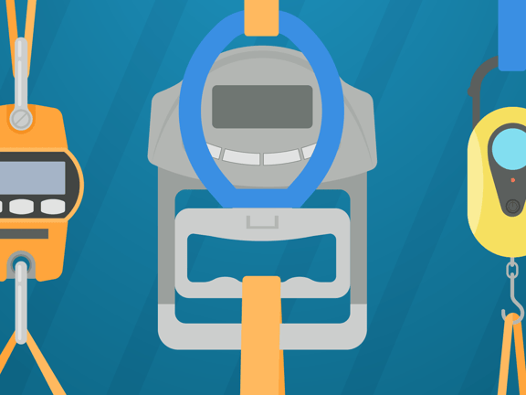 Digital hanging scales in orange, blue, and yellow with displays and hooks on a striped blue background.