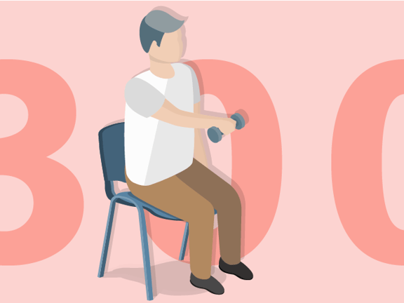 An illustrated person uses dumbbells while seated, with "300" in the background of a medbridge scene.