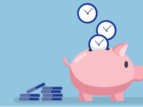 Image of a piggy bank filled with clocks and coins beside it, against a light blue background for medbridge.