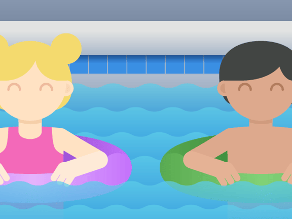 Two kids smiling and floating in a pool with pink and green inflatable rings.