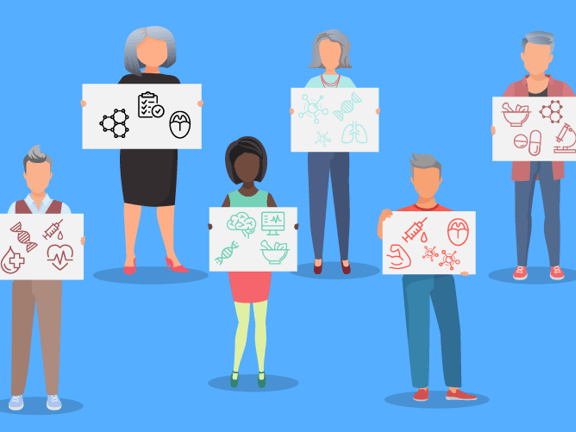 Illustration of diverse individuals with whiteboards showing science and math symbols on a blue background.