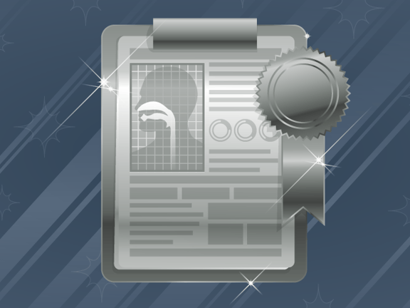 Illustration of a silver certificate with a photo and seal on a sparkly blue-striped background for medbridge.